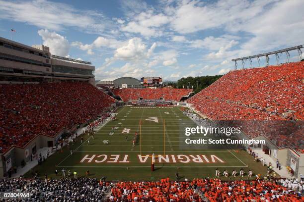 An overall look at Lane Stadium during the game between the Virginia Tech Hokies and the Georgia Tech Yellow Jackets on September 13, 2008 in...