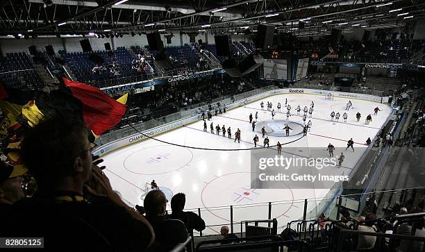 General view of the opening ceremony at the Arene Nuernberger Versicherung prior to the the Champions Hockey League Qualification Match between SC...