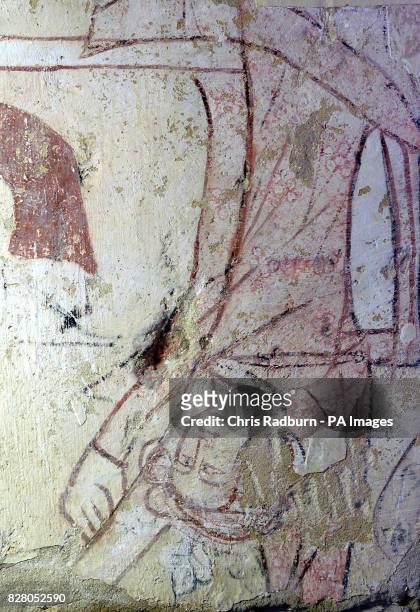 14th century wall painting showing a fallen king that was discovered during renovation work, near Beccles Suffolk. The paintings were first...