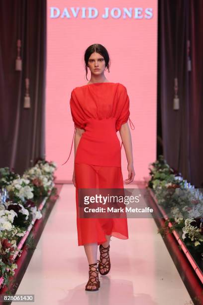 Model walks the runway in a design by Scanlan Theodore during rehearsal ahead of the David Jones Spring Summer 2017 Collections Launch at David Jones...