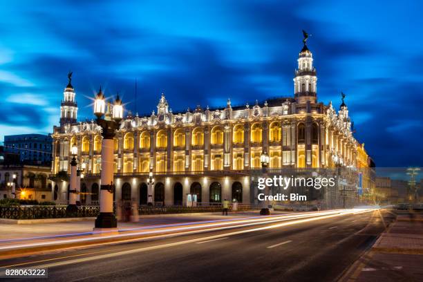 havana, cuba, great theatre of havana illuminated at dusk - havana music stock pictures, royalty-free photos & images