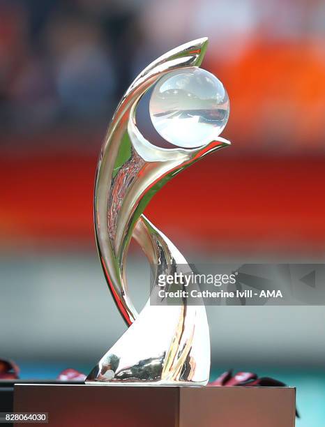 The UEFA Women's European trophy during the UEFA Women's Euro 2017 final match between Denmark and Netherlands at De Grolsch Veste Stadium on August...