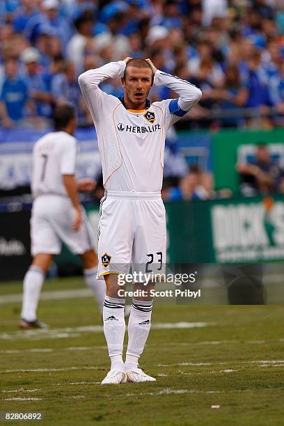 David Beckham of the Los Angeles Galaxy stares in disbelief against the Kansas City Wizards during the game at Arrowhead Stadium on September 13,...