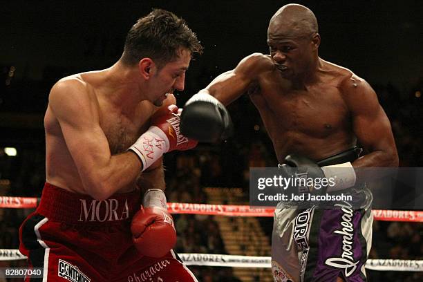 Sergio Mora and Vernon Forrest trade blows during their WBC super welterweight title fight at the MGM Grand Garden Arena September 13, 2008 in Las...