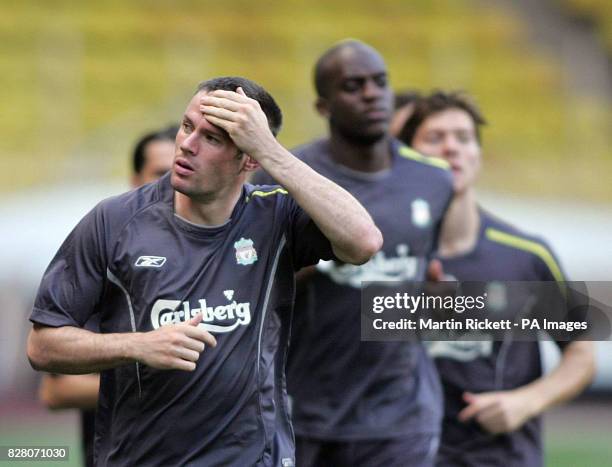Liverpool's Jamie Carragher during a training session at Stade Louis II Stadium, Monte Carlo, Monaco, Thursday August 25, 2005. Liverpool play CSKA...