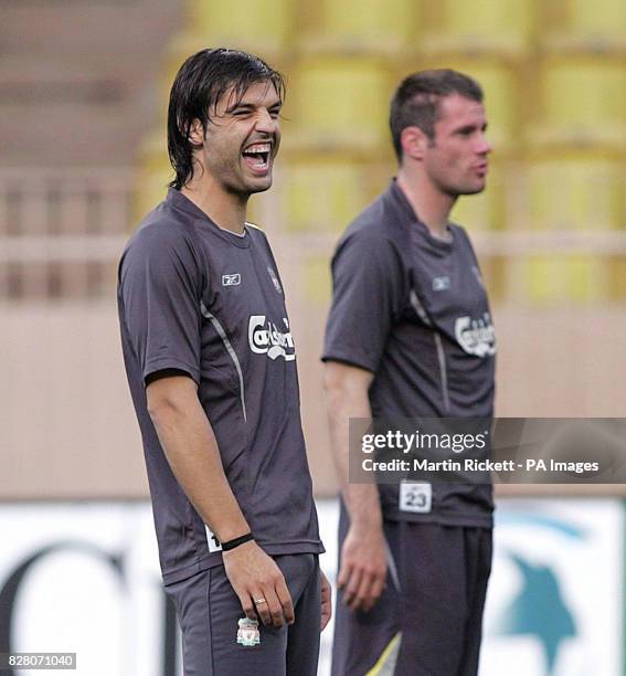 Liverpool's Fernando Morientes shares a joke with the squad during a training session at Stade Louis II Stadium, Monte Carlo, Monaco, Thursday August...