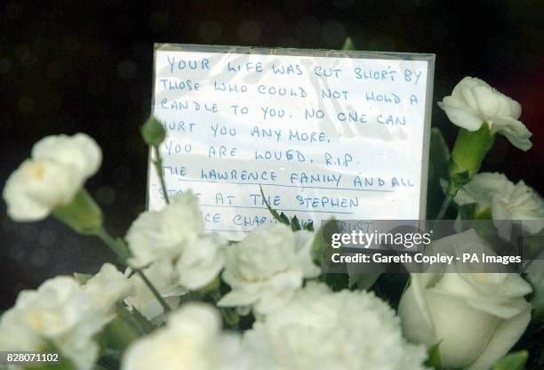 Card left at the funeral of murdered teenager Anthony Walker by the family of murdered teenager Stephen Lawrence Thursday August 25, 2005. The...