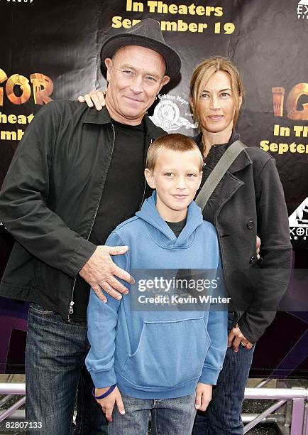 Actor Corbin Bernsen , his wife actress Amanda Pays and their son Finley arrive at the premiere of Exodus Film Group's "Igor" at the Chinese Theater...