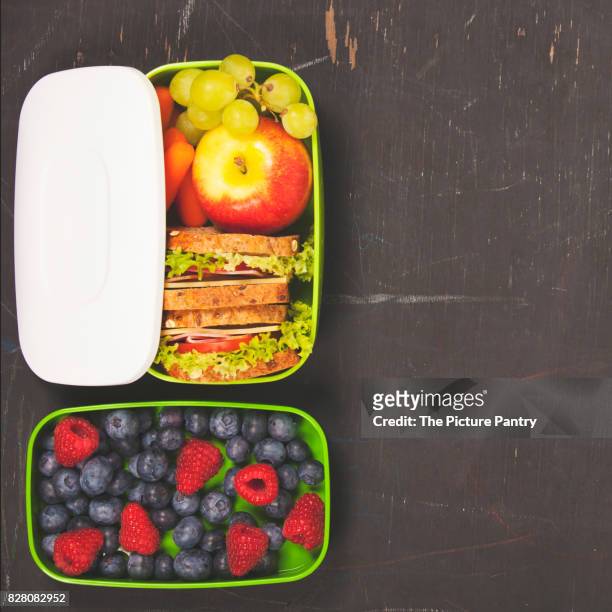 sandwich, apple, grapes, carrot, berry in plastic lunch box on black chalkboard. back to school concept. - packed lunch - fotografias e filmes do acervo