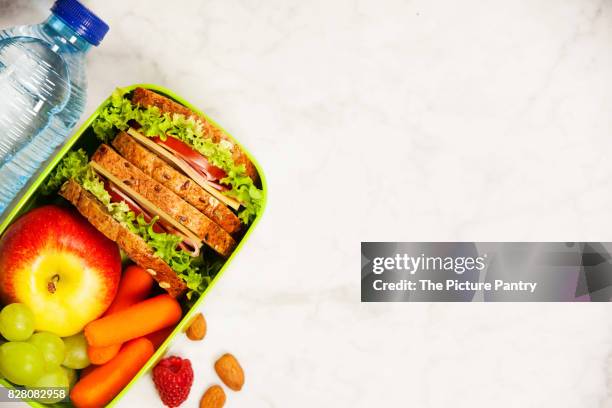 healthy school lunch box with sandwich, apple, grape, carrot and bottle of water close up on white wooden  background. - packed lunch - fotografias e filmes do acervo