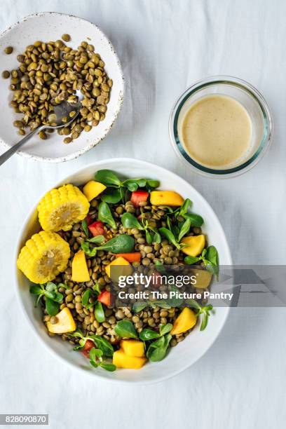 lentil salad with herbs, tomatoes and peaches in a white bowl is photographed from top view. it is accompanied by cooked lentils in a bowl and tahini dressing. - portulak stock-fotos und bilder