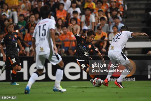 Shota Kaneko of Shimizu S-Pulse takes on Matej Jonjic of Cerezo Osaka during the J.League J1 match between Shimizu S-Pulse and Cerezo Osaka at IAI...