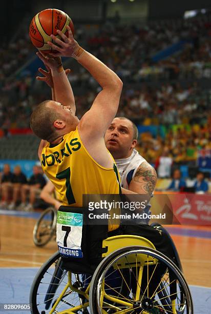 Shaun Norris of Australia takes a shot in the Wheelchair Basketball match between Australia and Great Britain at the National Indoor Stadium during...
