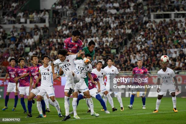 Hirofumi Watanabe of Vissel Kobe heads the ball to score the opening goal during the J.League J1 match between Vissel Kobe and Kashima Antlers at...