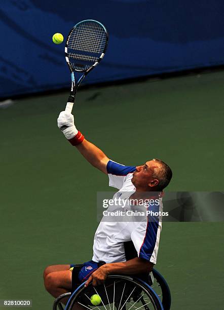 Peter Norfolk of Great Britain competes against Johan Andersson of Sweden in the Quad Singles - Open Gold Medal Match Wheelchair Tennis final at the...