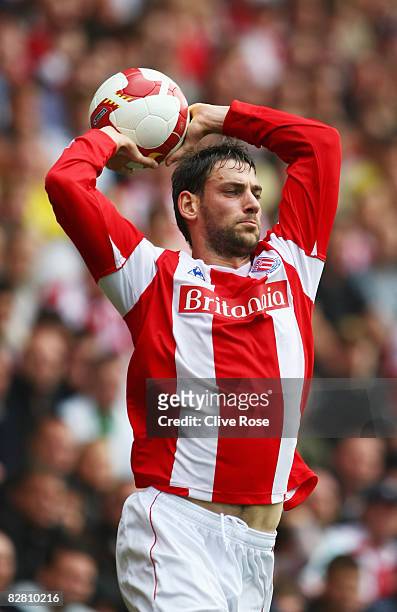 Rory Delap of Stoke City takes a throw in during the Barclays Premier League match between Stoke City and Everton at The Britannia Stadium on...