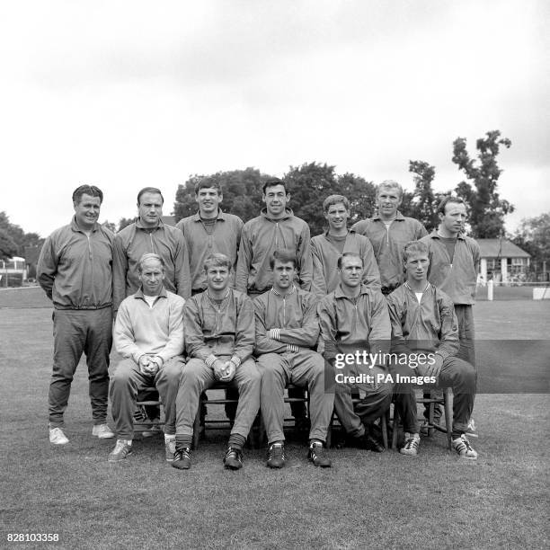 The England team to play Portugal in the World Cup semi final: trainer Harold Shepherdson, George Cohen, Martin Peters, Gordon Banks, Alan Ball,...