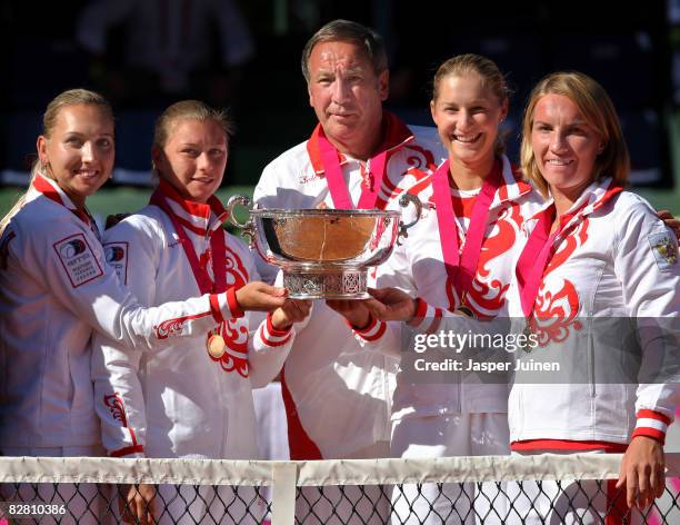 The Russian Fed Cup team Elena Vesnina, Vera Zvonareva, captain Shamil Tarpische, Ekaterina Makarova and Svetlana Kuznetsova pose with the Fed Cup...