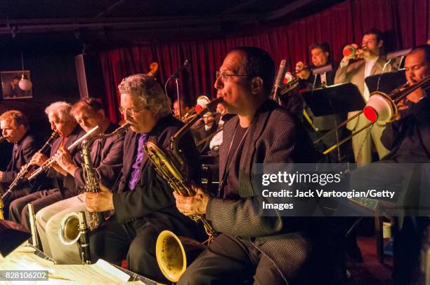 American Jazz musician Gary Smulyan plays baritone saxophone as he performs with the Vanguard Jazz Orchestra during the band's 40th Anniversary...