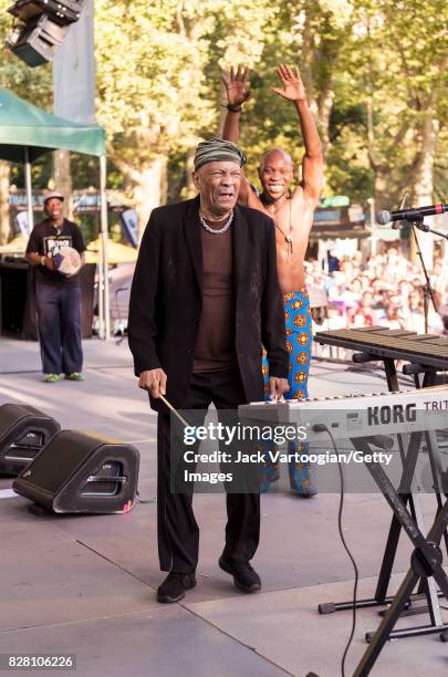 American Jazz musician Roy Ayers plays vibraphone with the band Egypt 80 during a performance at Central Park SummerStage, New York, New York, July...