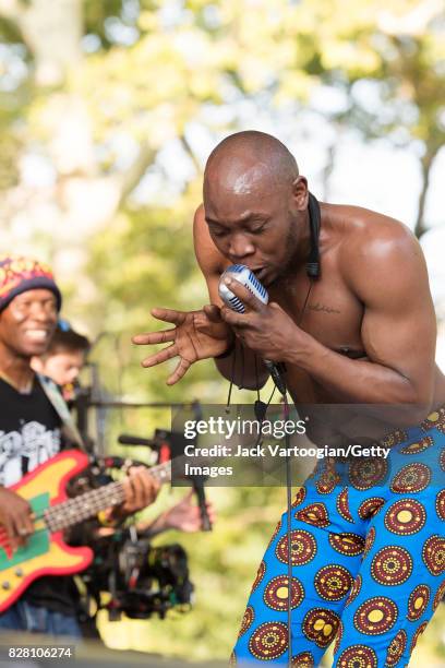 Nigerian musician Seun Kuti leads his group Egypt 80 during a performance at Central Park SummerStage, New York, New York, July 16, 2017. Among those...