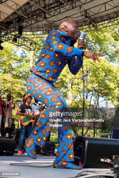 Nigerian musician Seun Kuti leads his group Egypt 80 during a performance at Central Park SummerStage, New York, New York, July 16, 2017. The concert...
