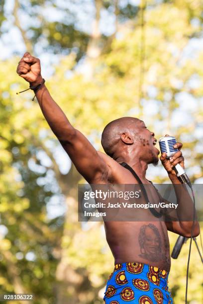 Nigerian musician Seun Kuti leads his group Egypt 80 during a performance at Central Park SummerStage, New York, New York, July 16, 2017. The concert...