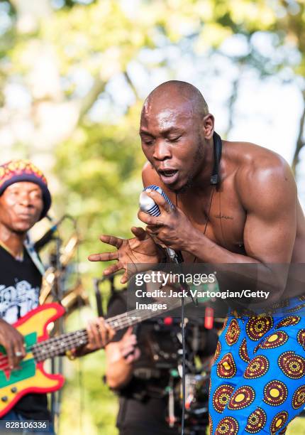 Nigerian musician Seun Kuti leads his group Egypt 80 during a performance at Central Park SummerStage, New York, New York, July 16, 2017. Among those...