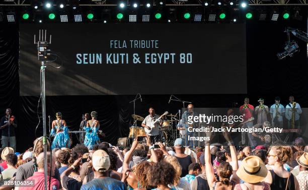 Nigerian musician Seun Kuti , plays alto saxophone as he leads his group Egypt 80 during a performance at Central Park SummerStage, New York, New...