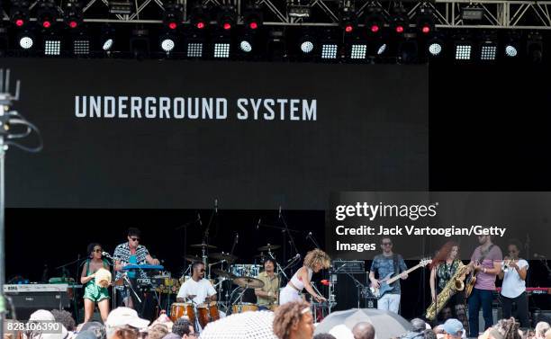 American musician and band leader Domenica Fossati leads her group, Underground System, during a performance at Central Park SummerStage, New York,...