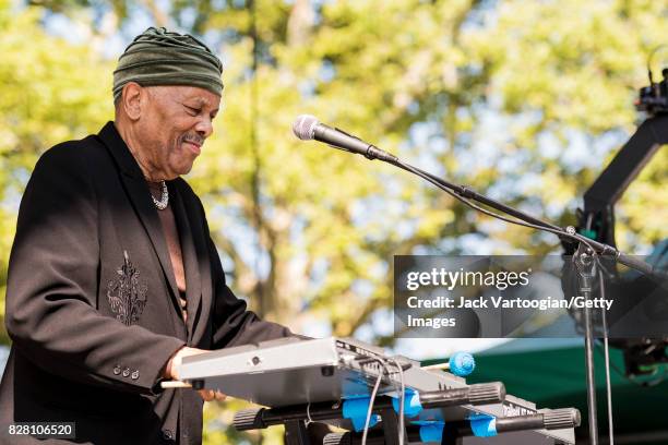 American Jazz musician and band leader Roy Ayers plays vibraphone as he leads his quartet during a performance at Central Park SummerStage, New York,...