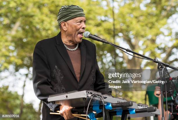 American Jazz musician and band leader Roy Ayers plays vibraphone as he leads his quartet during a performance at Central Park SummerStage, New York,...