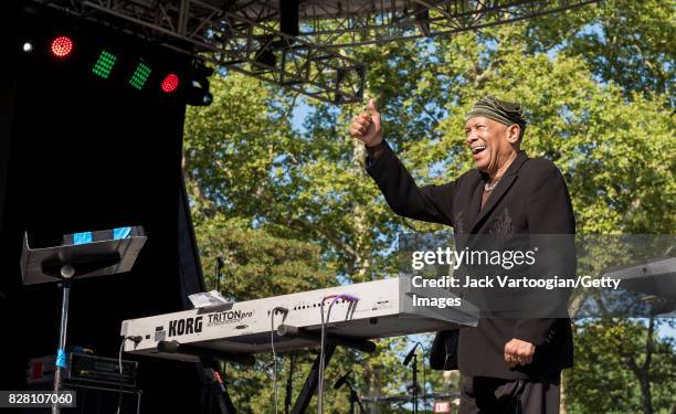 American Jazz and band leader Roy Ayers plays vibraphone as he leads his quartet during a performance at Central Park SummerStage, New York, New...