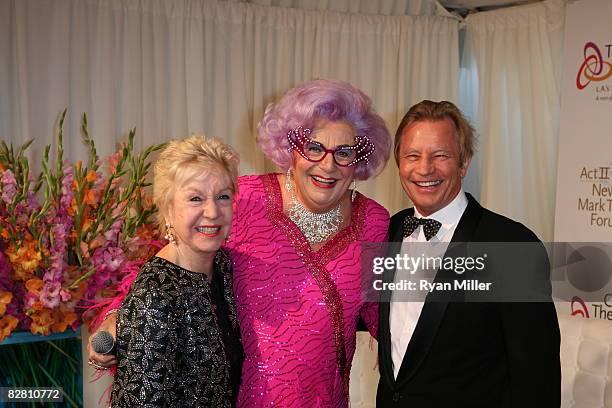 Patricia McCallum, Barry Humphries aka Dame Edna and actor Michael York pose during the grand re-opening gala for the Mark Taper Forum on September...