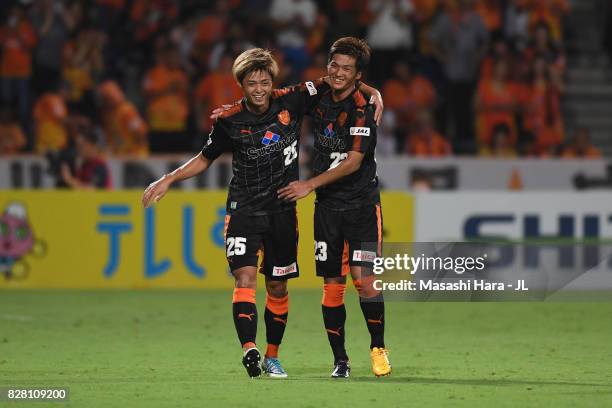 Koya Kitagawa of Shimizu S-Pulse celebrates scoring his side's third goal with his team mate Ko Matsubara during the J.League J1 match between...