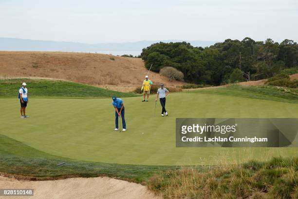 Stephen Curry putts for a birdie on the fifteenth hole during round one of the Ellie Mae Classic at TCP Stonebrae on August 3, 2017 in Hayward,...