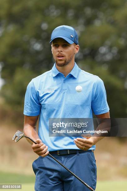 Stephen Curry looks on from the fourth green during round one of the Ellie Mae Classic at TCP Stonebrae on August 3, 2017 in Hayward, California.