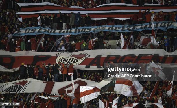 Argentina's River Plate supporters cheer for their team during the Copa Libertadores 2017 round before the quarterfinals second leg football match...