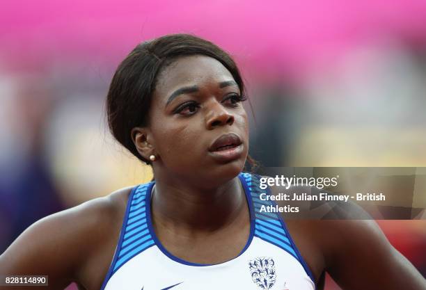 Asha Philip of Great Britain competes in the Women's 100 metres heats during day two of the 16th IAAF World Athletics Championships London 2017 at...