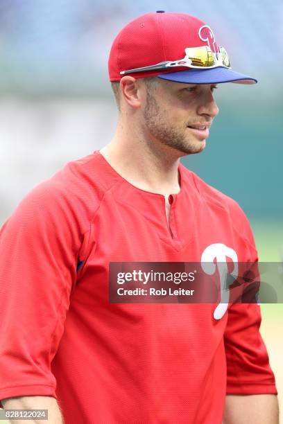 Daniel Nava of the Philadelphia Phillies takes batting practice before the game against the Atlanta Braves at Citizens Bank Park on July 28, 2017 in...