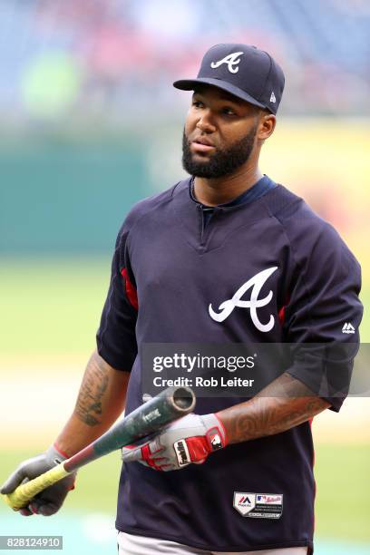 Danny Santana of the Atlanta Braves takes batting practice before the game against the Philadelphia Phillies at Citizens Bank Park on July 28, 2017...