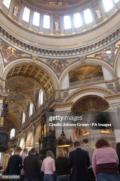 The congregation sings a hymn during a service of prayer and remembrance for the victims of Hurricane Katrina inside St Paul's Cathedral in London,...