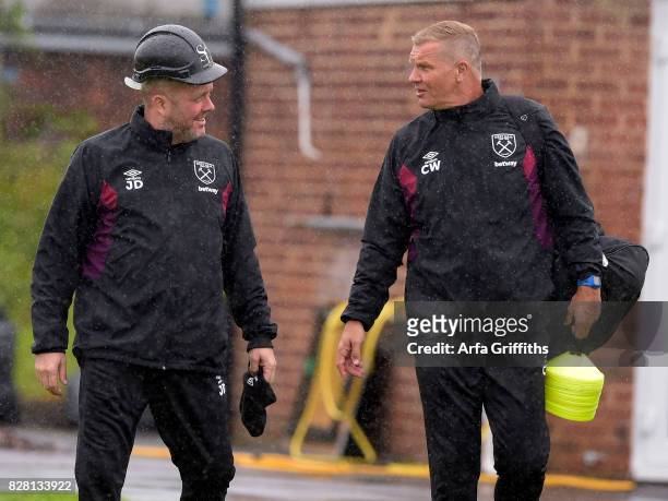 Julian Dicks with Chris Woods of West Ham United during Training at Rush Green on August 9, 2017 in Romford, England.