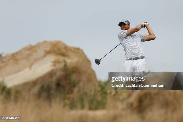 Stephen Curry tees off at the third hole during round two of the Ellie Mae Classic at TCP Stonebrae on August 4, 2017 in Hayward, California.