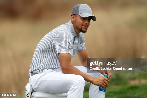 Stephen Curry waits to tee off on the second hole during round two of the Ellie Mae Classic at TCP Stonebrae on August 4, 2017 in Hayward, California.