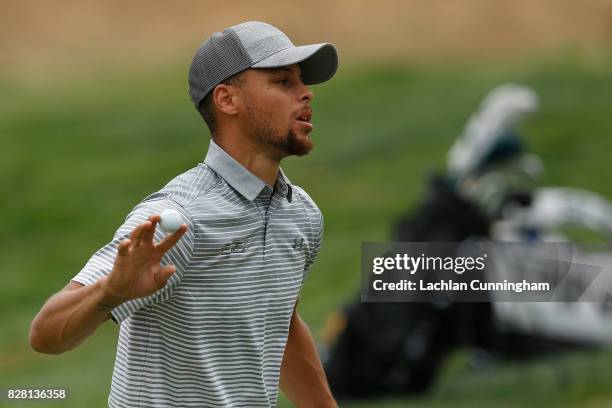 Stephen Curry acknowledges the fans after finishing the second hole during round two of the Ellie Mae Classic at TCP Stonebrae on August 4, 2017 in...