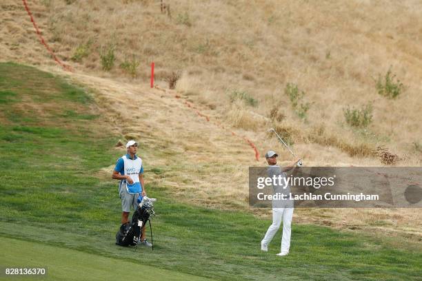 Stephen Curry plays a shot on the third hole during round two of the Ellie Mae Classic at TCP Stonebrae on August 4, 2017 in Hayward, California.