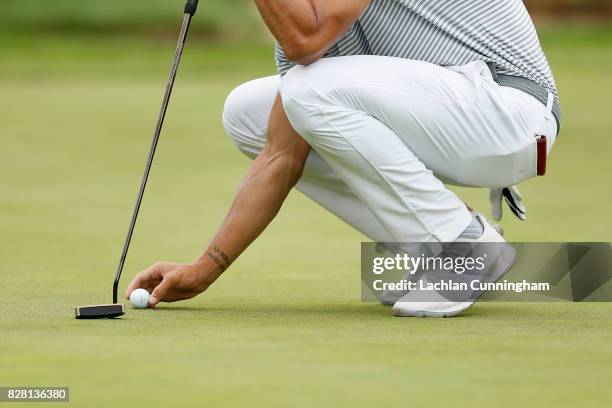 Stephen Curry lines up a putt on the fourth green during round two of the Ellie Mae Classic at TCP Stonebrae on August 4, 2017 in Hayward, California.