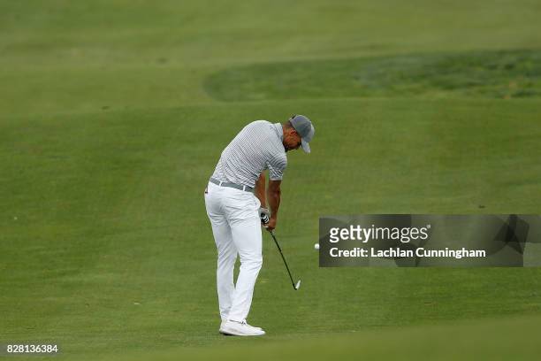 Stephen Curry plays a shot on the fifth fairway during round two of the Ellie Mae Classic at TCP Stonebrae on August 4, 2017 in Hayward, California.