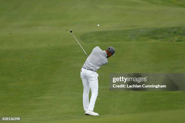 Stephen Curry plays a shot on the fifth fairway during round two of the Ellie Mae Classic at TCP Stonebrae on August 4, 2017 in Hayward, California.